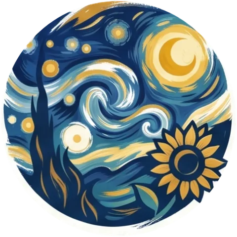 A painted emblem of a swirling blue night sky, a golden crescent moon and a sunflower